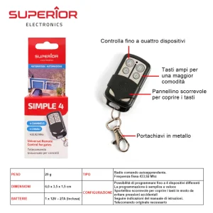 433,92 Mhz Simple 4 Radiocomando Art.Suprf002 Superior Bl1