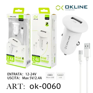 Art.Ok-0060 Okline Usb Caricatore Auto 2.4A Con Micro Usb Cavo Bianco