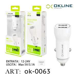 Art.Ok-0063 Okline Usb Caricatore Auto 3.1A Bianco