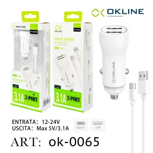 Art.Ok-0065 Okline Usb Caricatore Auto 3.1A Con Type-C Usb Cavo Bianco