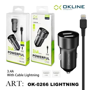 Art.Ok-0266Ip Okline Powerful 2Usb Caricatore Auto 3.4A Con Iphone Lightning Usb Cavo Grigio