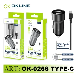 Art.Ok-0266Tc Okline Powerful 2Usb Caricatore Auto 3.4A Con Type-C Usb Cavo Grigio