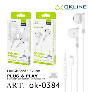 Art.Ok-0384 Okline Auricolare Plug Play A Filo Intrecciato Iphone Lightning Bianco