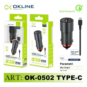 Art.Ok-0502Tc Okline Usb Caricatore Auto 3.0A Con Type-C Usb Cavo Nero