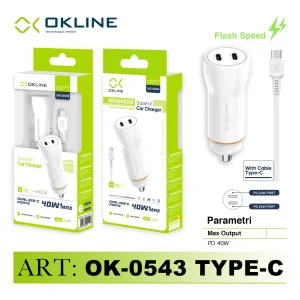 Art.Ok-0543Tc Okline 2Type-C Pd20W Caricatore Auto Con Type-C Cavo Bianco